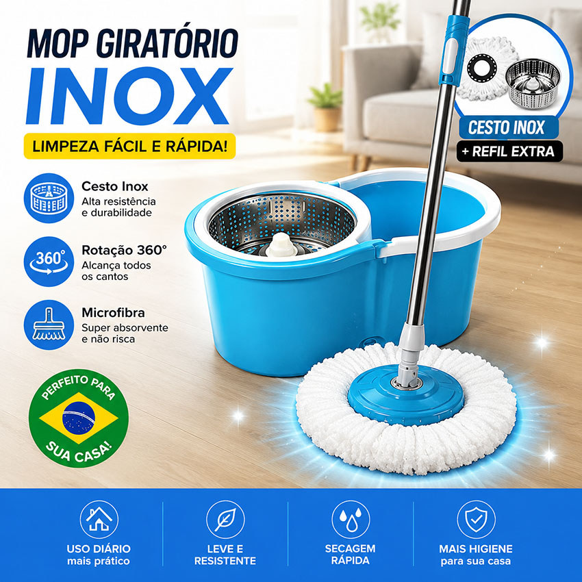 Esfregão giratório com cabo de aço inoxidável estendido e balde para esfregão limpo 360