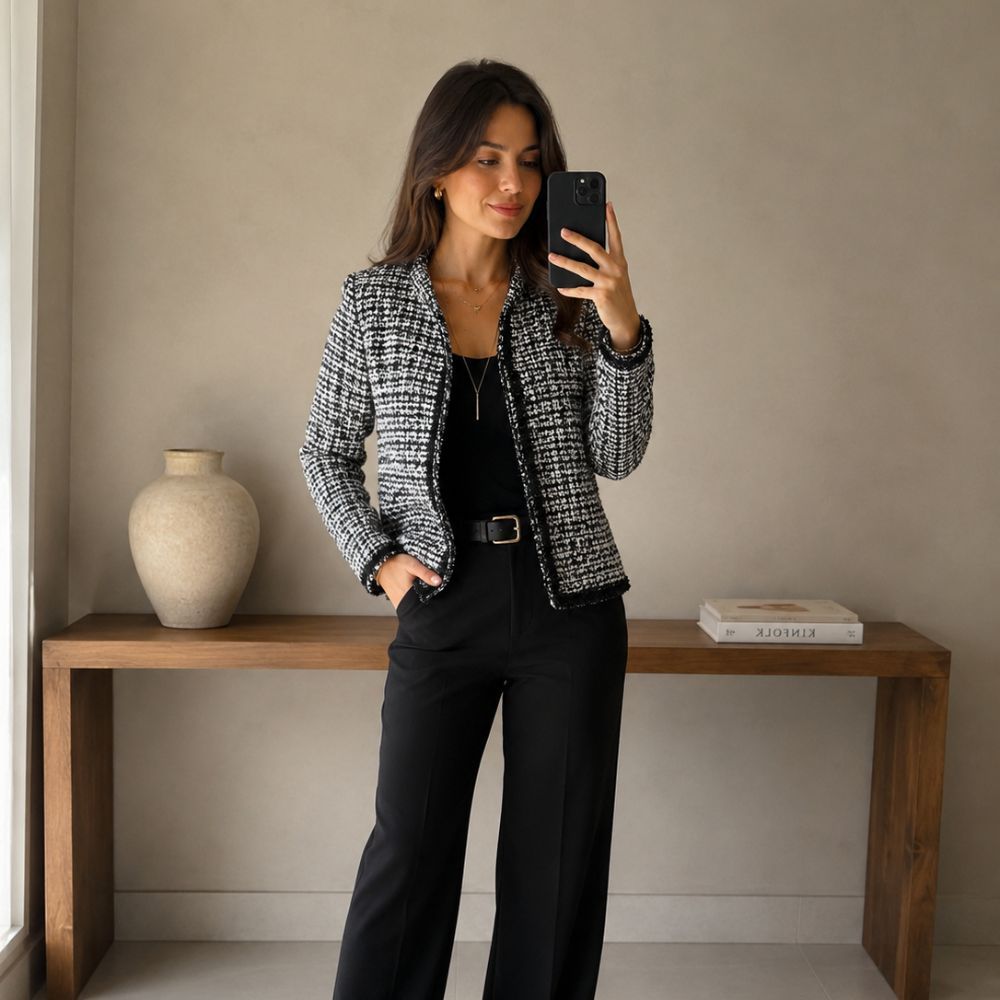 Blazer Feminino Tweed Preto Branco Novo Tamanho P (Brechó)