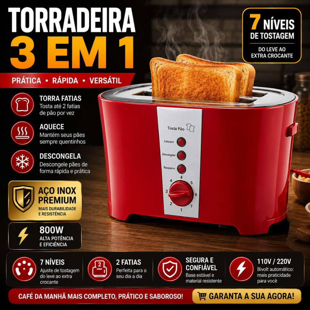 Torradeira Elétrica 3 Em 1 Aço Inox 800W 2 Fatias 7 Níveis De Tostagem Aquece Descongela Pães