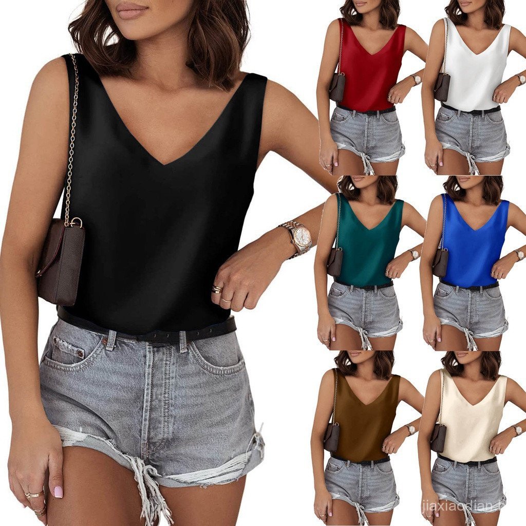 Camisas sem mangas de cetim seda Tank Tops Para As Mulheres Sólidos V Neck Silk Shirt Verão Cetim Blusa Camisola Básica