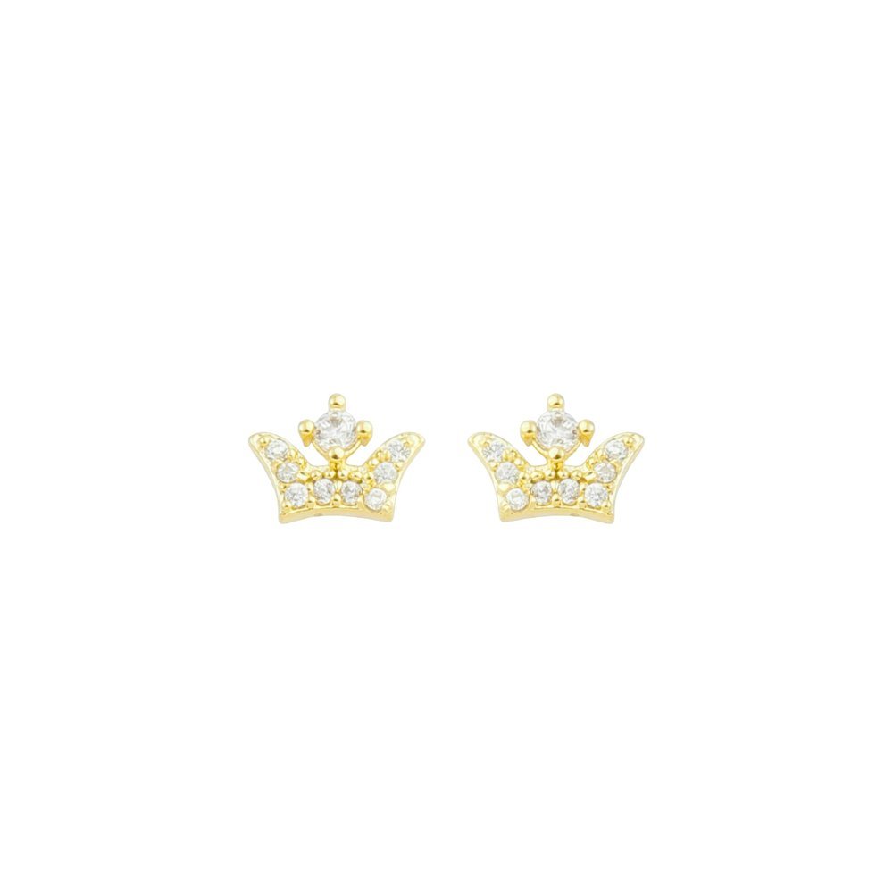 Brincos Tarraxa Baby Coroa Cravejada Banhado a Ouro 18k