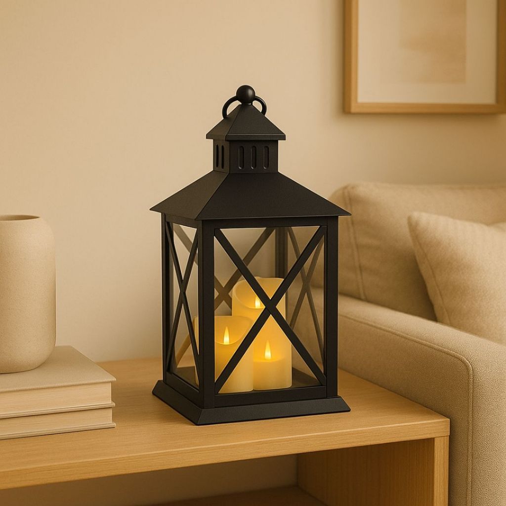 Luminária Lanterna Decorativa com 3 Velas LED – Plástico e Vidro – Cores Preto ou Cobre