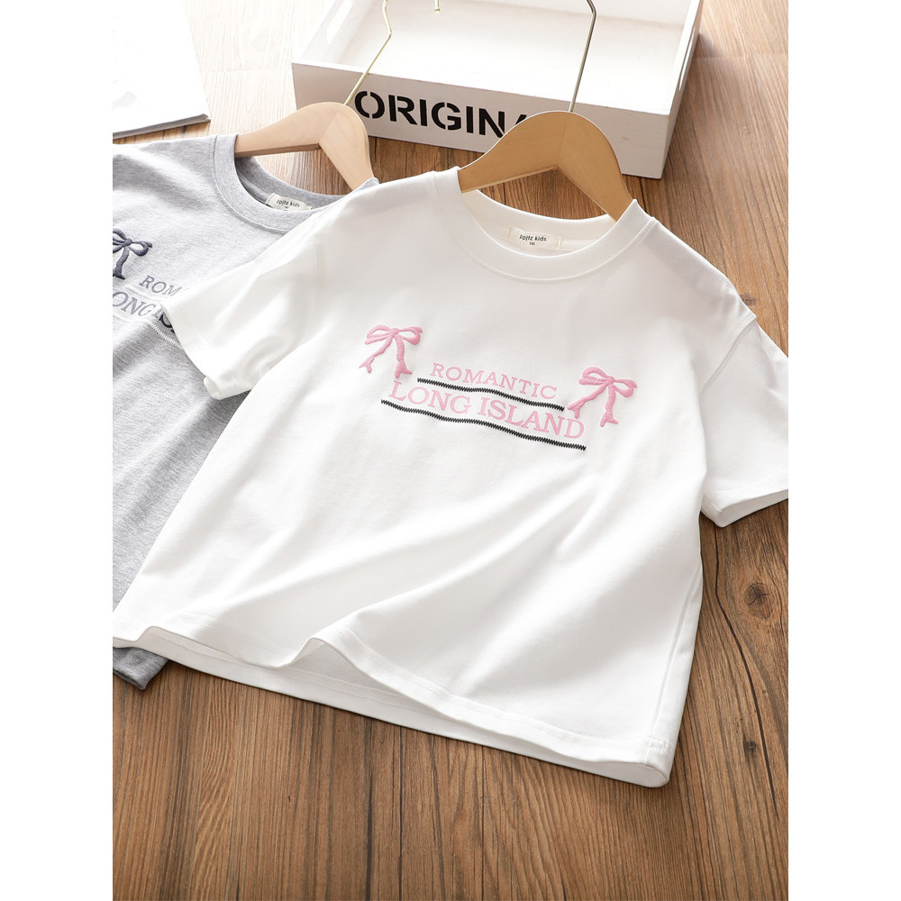Meninas arco bordado simples All-Match branco camiseta 2026 verão crianças de manga curta fio duplo algodão Casual topo 
