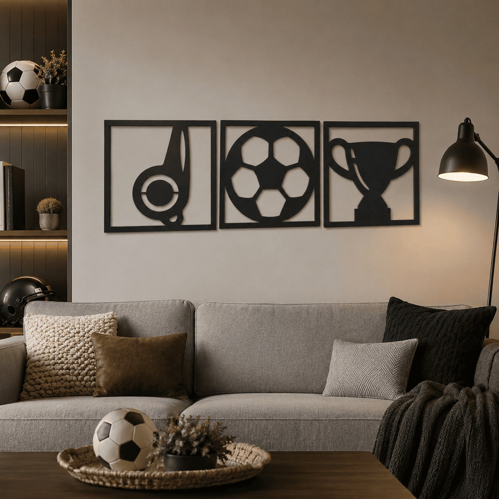 Kit 3 Quadros Futebol MDF Preto 3mm Decorativo Apito Bola Troféu Para Quarto Gamer Sala Parede 30x30