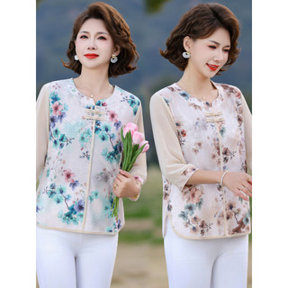 Novo estilo chinês mãe usar camisa de fundo estilo ocidental flor de ameixa camiseta de manga média camisa pequena meio-