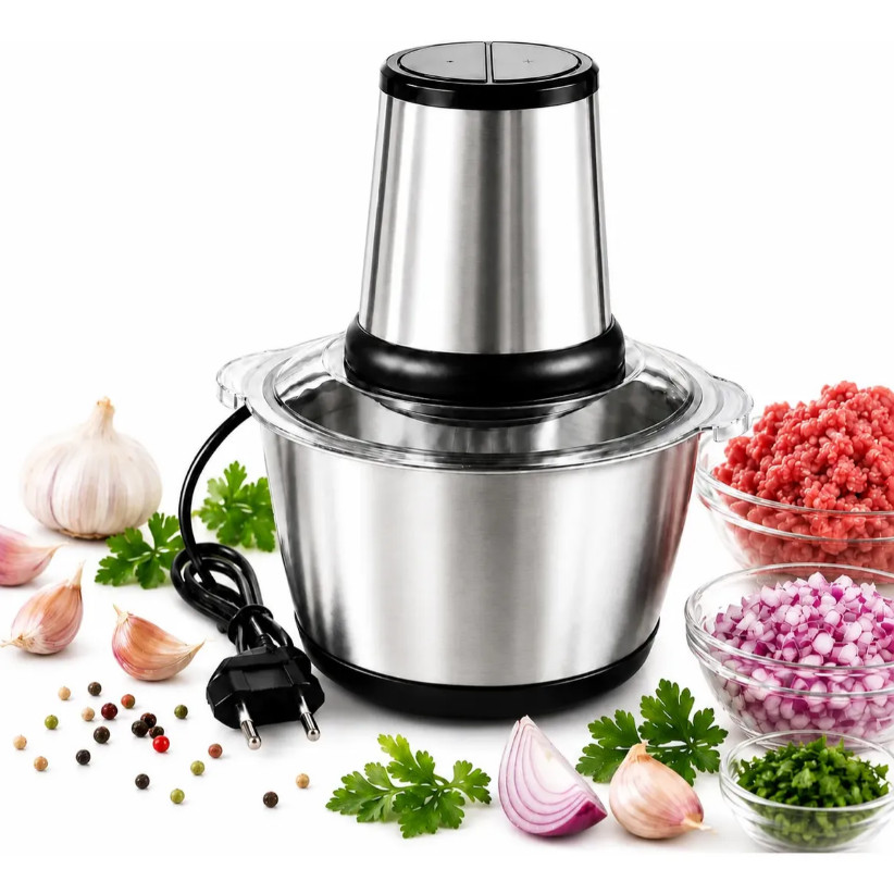 2 Litro Triturador De Alimentos Carne e Legumes Elétrico Multiprocessador 2 Modos Inox Fácil De Limpar
