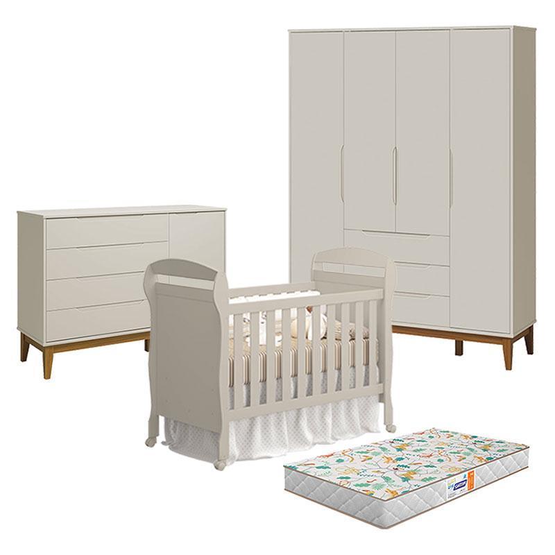 Quarto de Bebê 4 Portas com Cômoda com Porta Elfe Classic e Berço Danny Areia Amadeirado com Colchão Gazin - Reller