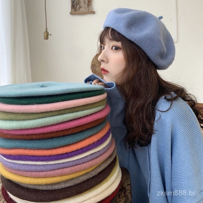 Boina de lã multicolorida, quente para o outono e inverno, elegante e vintage, boina francesa de algodão, chapéu de malh