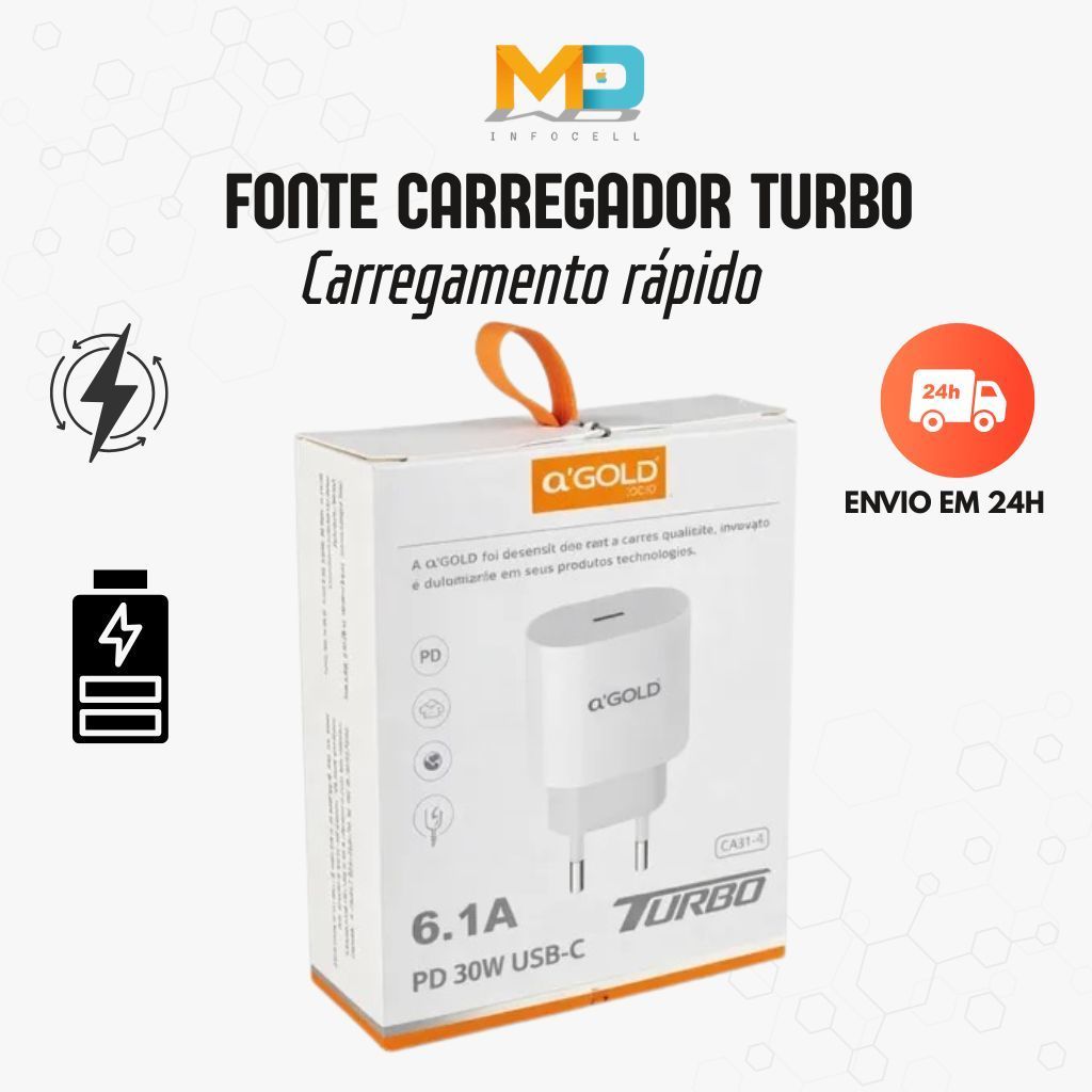 Fonte Carregador PD USB C 30W Turbo Anatel Rápido Original AGOLD Tomada Android Iphone