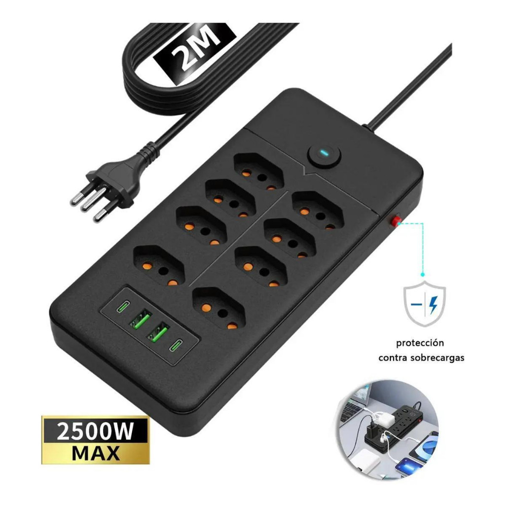 Filtro de Linha Régua 8 Tomadas Bivolt (110-220V) 2M Preto com 4 USB + 1 Type-C, Barra de Cobre Interna