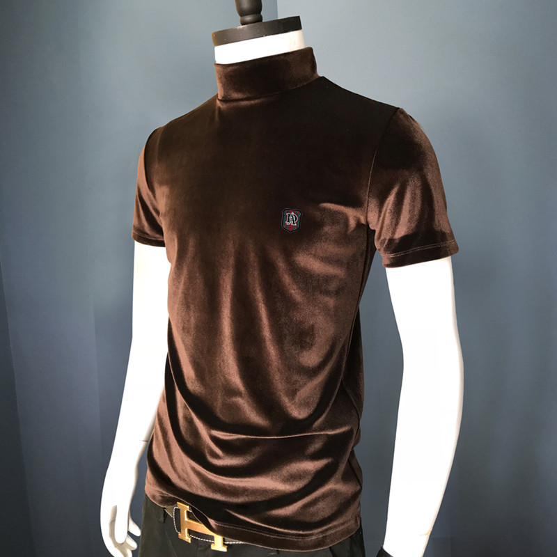 Camiseta masculina de veludo dourado, manga curta, gola meia alta, camisa interna da moda, além de veludo, gola média, m