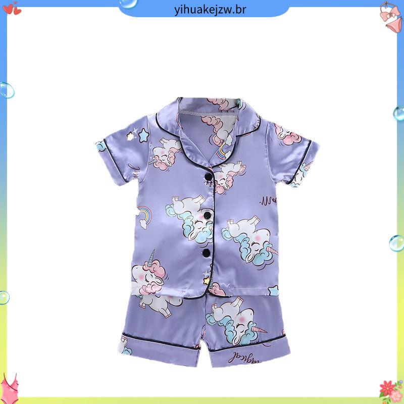 Summer Children Sleepwear Baby Boys Girls Casual Ice Silk Pijama De Manga Curta Pajama Sets Toddler Cartoon Unicórnio I