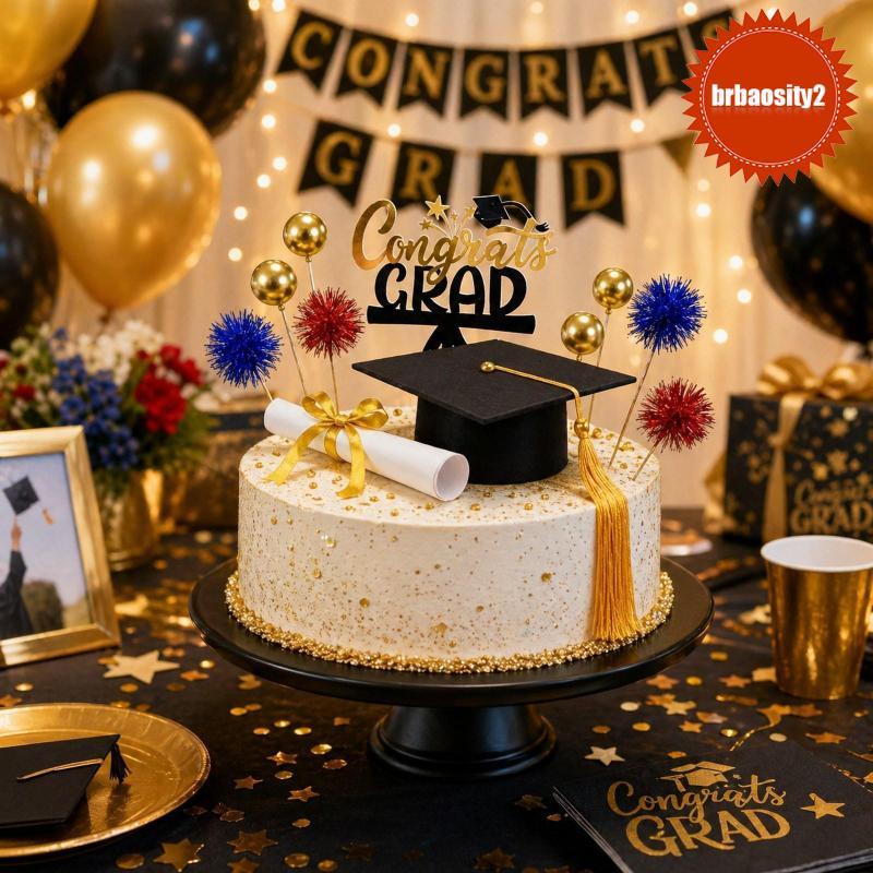 [Brbaosity2] Conjunto De Topper De Bolo De Formatura Leve Feltro EVA Acrílico Chapéu Diploma Enfeites Para Crianças Deco