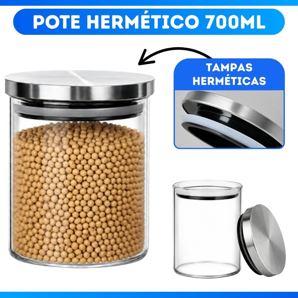 Pote de Vidro Redondo Transparente para Mantimentos C Tampa de Inox 700ML
