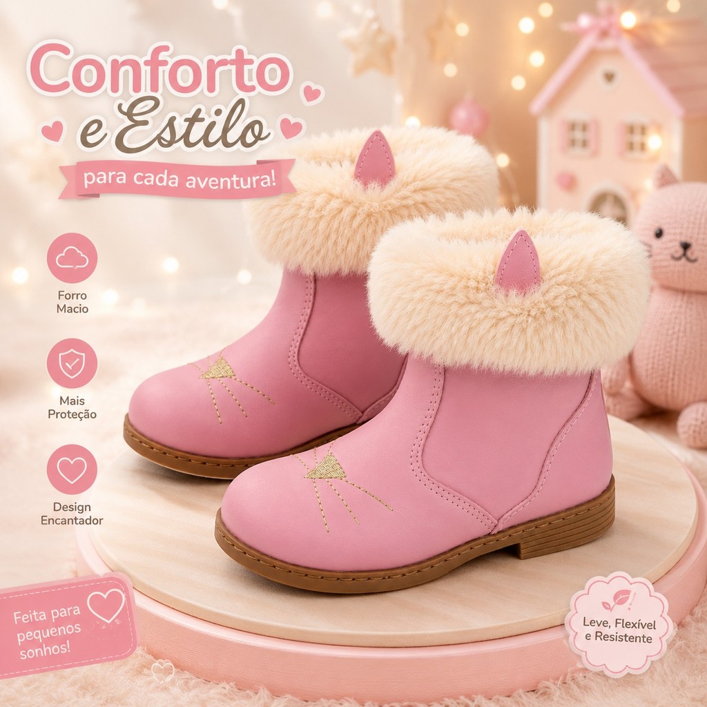 Bota Infantil Feminina Fashion Cano Alto Coturno Casual Confortável Queima Total de Estoque Promoção