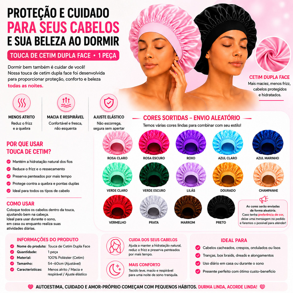 Kit 1/2 Toucas de Cetim Premium Anti Frizz – Faixa Larga Ajustável para Dormir com Mais Conforto e Proteção Capil---WANG