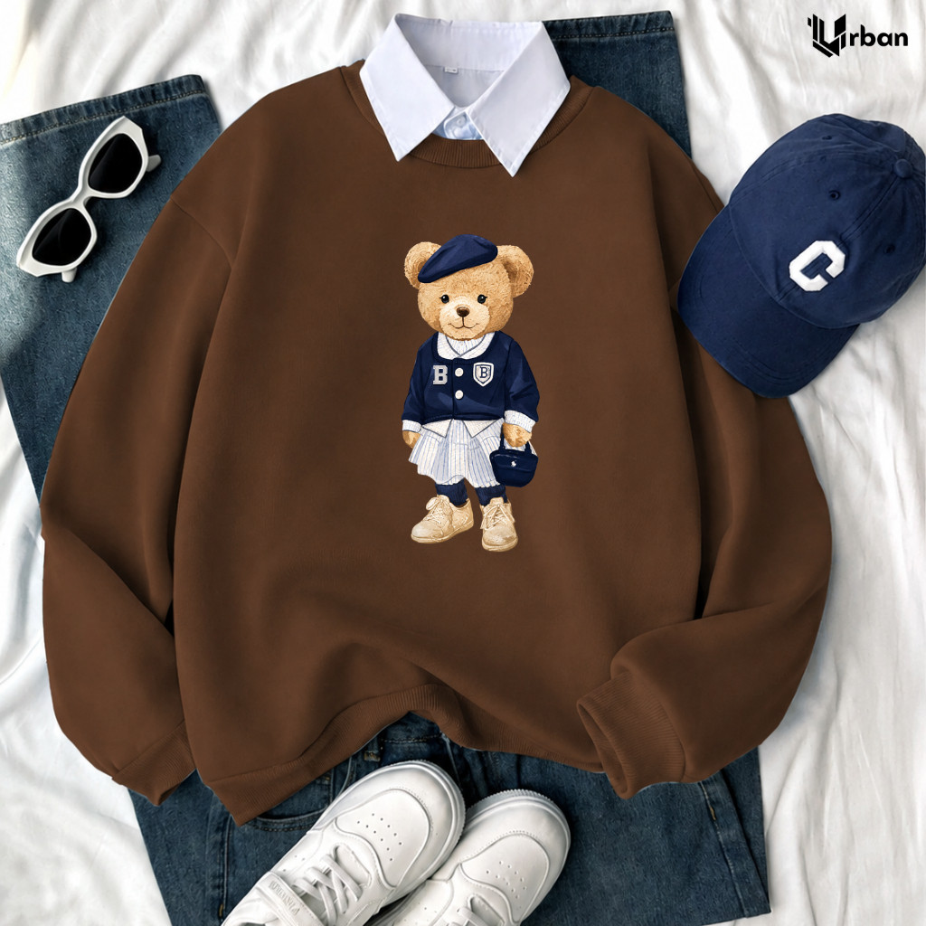 Moletom Feminino Gola Redonda Flanelado Estampado Urso Moda Inverno Estiloso Casual Básico Frio