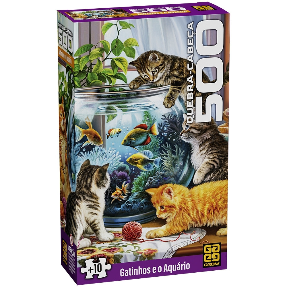 QUEBRA CABEÇA GATINHOS E O AQUÁRIO 500 PEÇAS GROW PUZZLE PEIXES BICHO FAMÍLIA DI