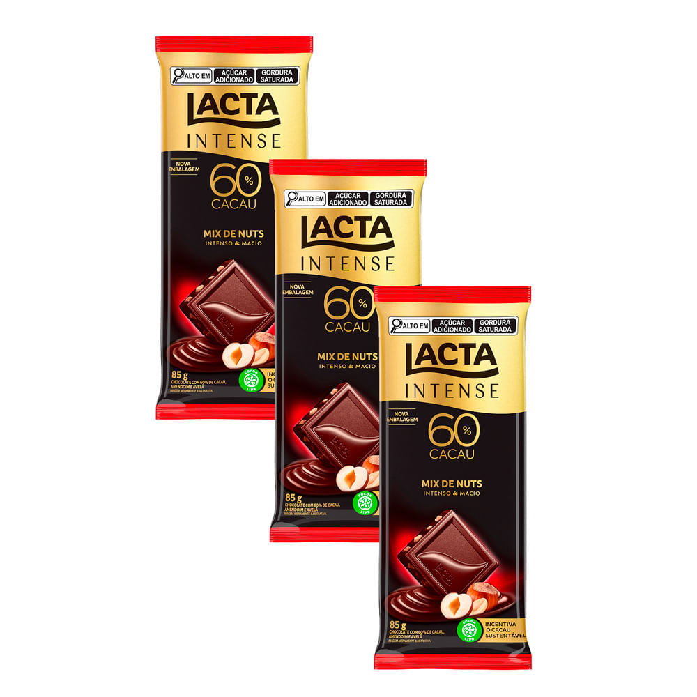 Kit 3 Chocolate Lacta Intense Amargo 60% Cacau Mix De Nuts 85g