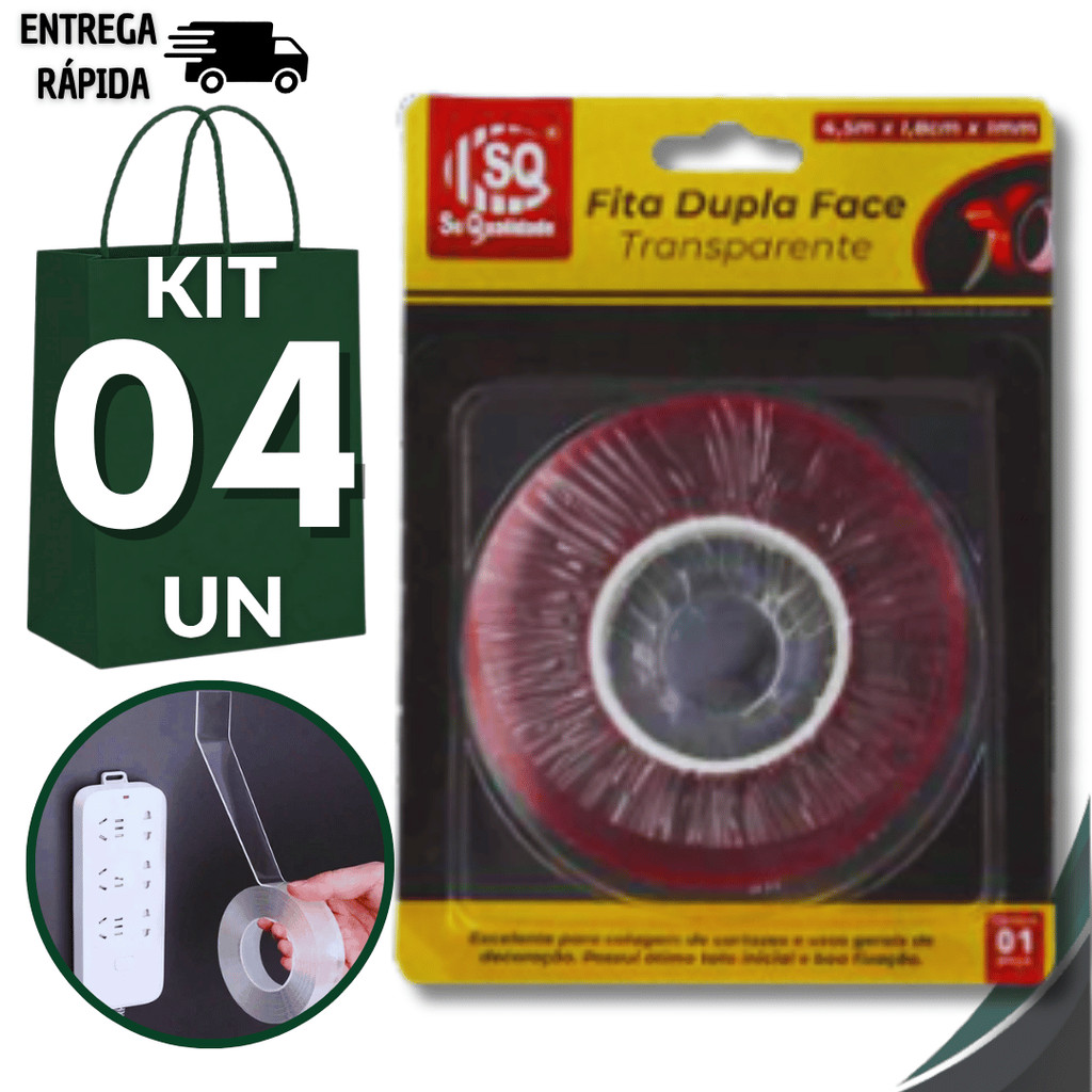 Conjunto Fita Dupla Face Transparente 4,5m x 1,8cm x 1mm Artesanato Quadros Multiuso Utilidades