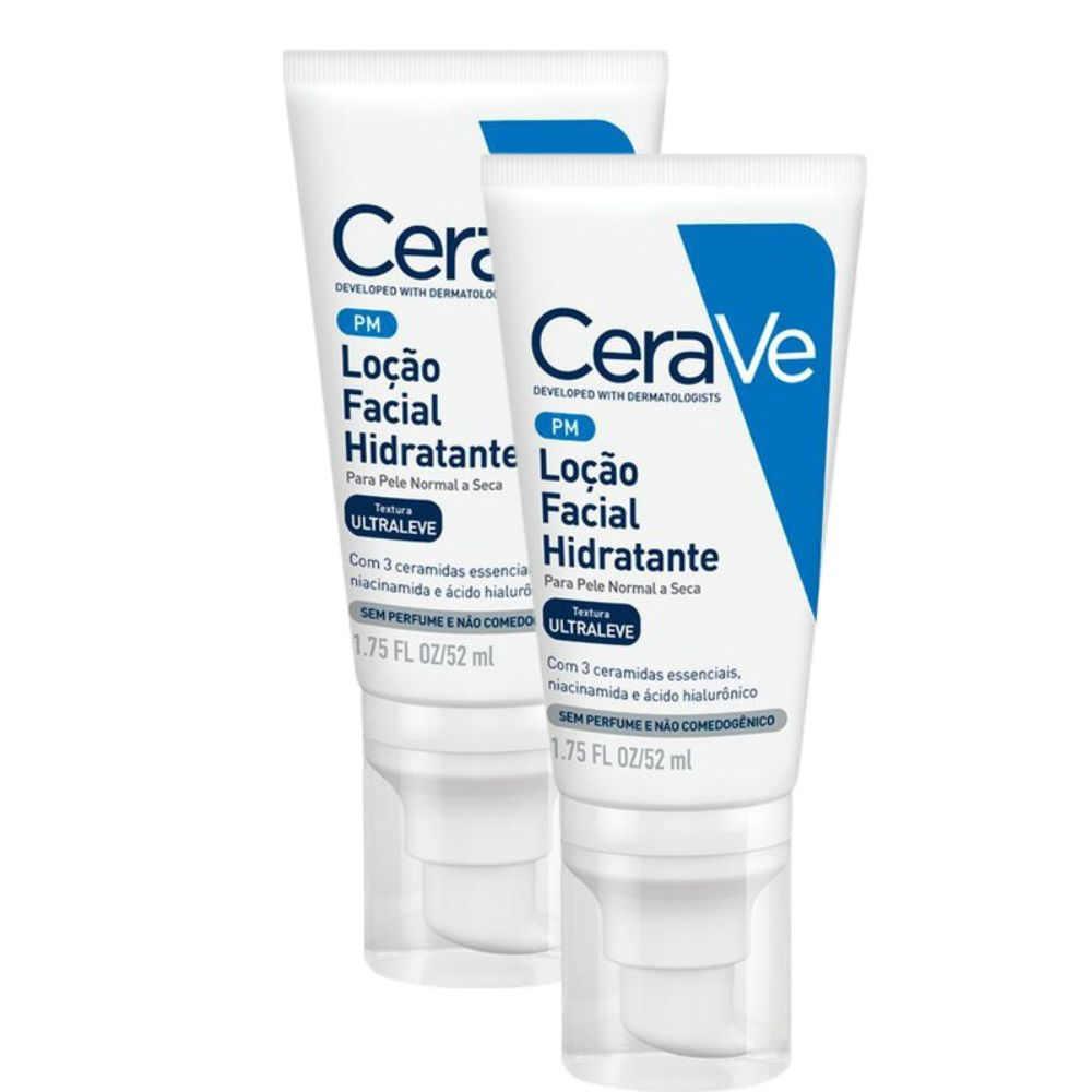 Kit 2 CeraVe Loção Facial Hidratante PM Ultraleve Pele Normal a Seca Sem Perfume 52ml