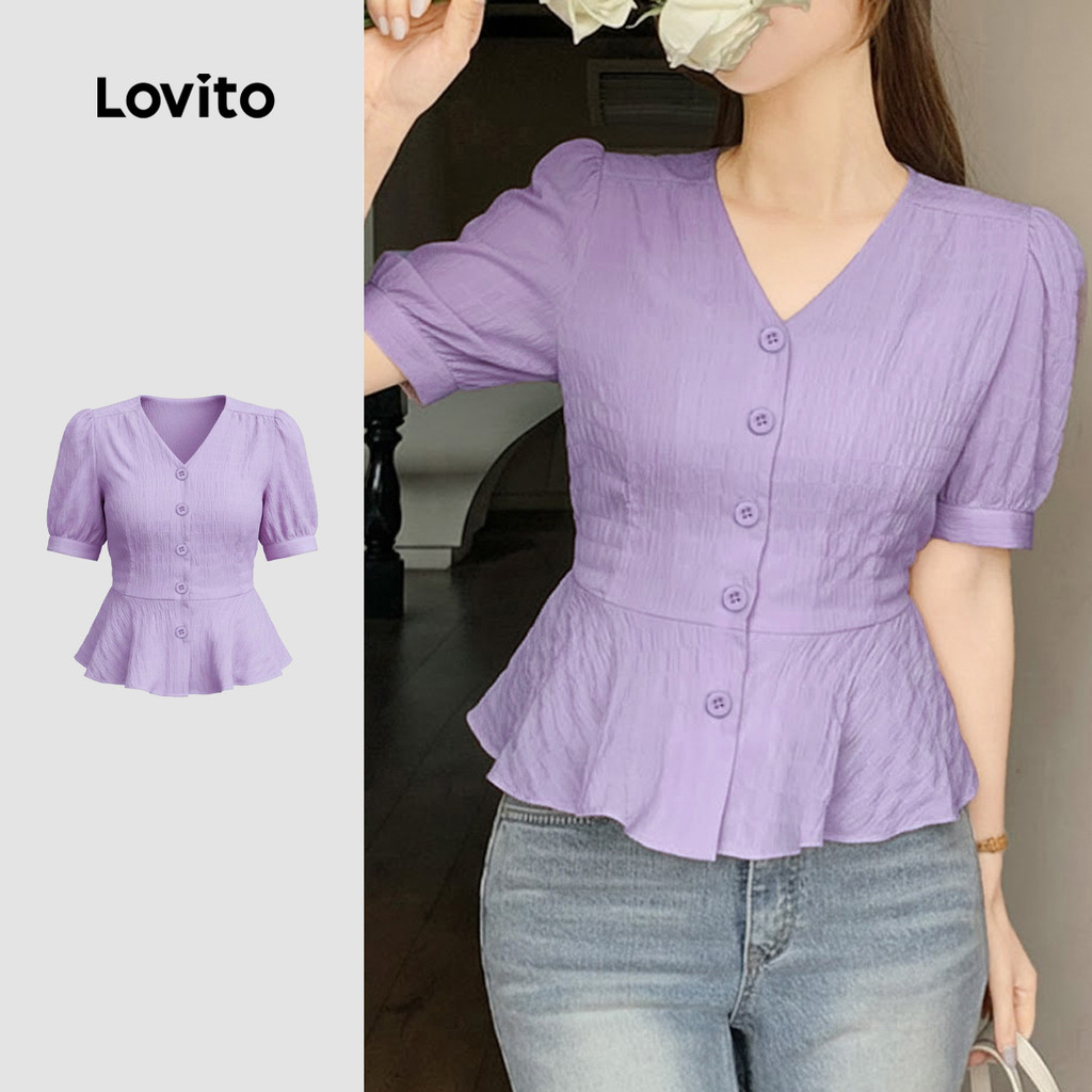 Lovito Lilás Elegante Blusa Feminina Roxa com Botão Frontal e Amarração Nas Cost