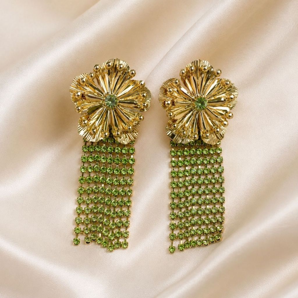 BRINCO MAXI FLOR FRANJAS VERDE- Folheado a Ouro 18k