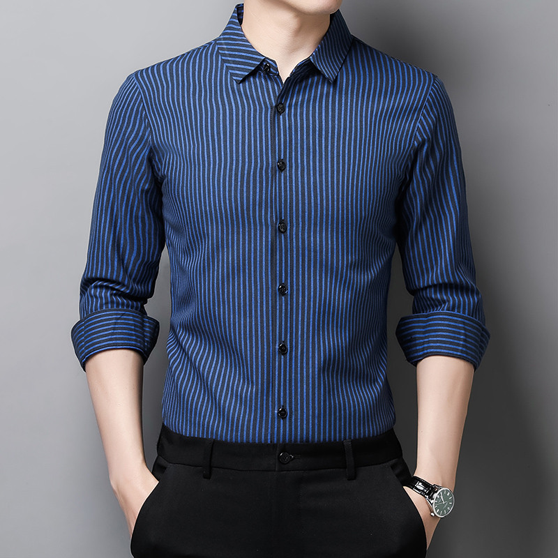 Novo estilo camisa de manga comprida masculina roupas finas casuais listras de seda gelo solto meia-idade jovem puro