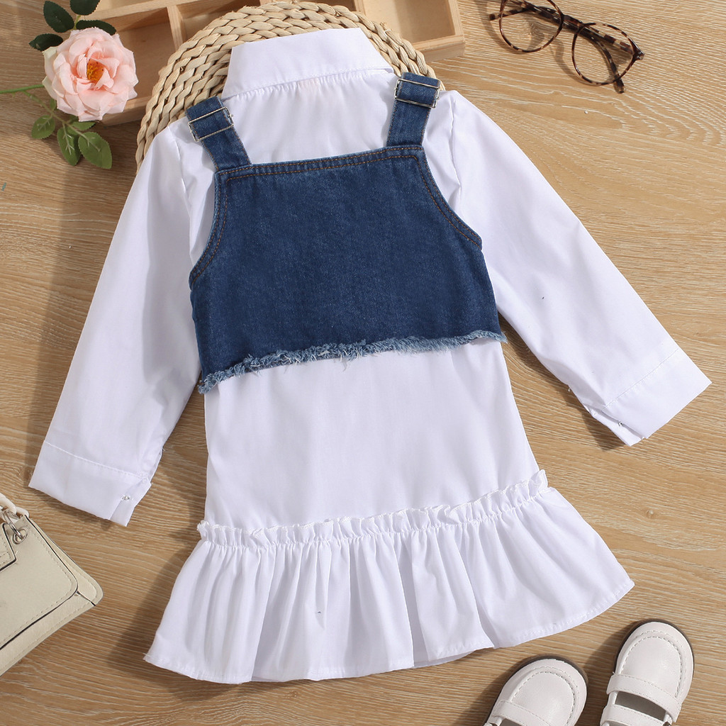 [Novo produto] Vestido camisa de lapela infantil para meninas vestido com babados colete jeans dois conjuntos [venda que