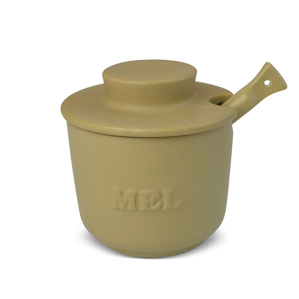 Pote de Mel De Cerâmica Com Colher Ocre Ceraflame Gourmet