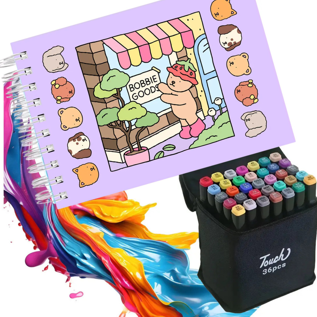 Livro de Colorir Boobie Goods Capa Holográfica + 24/36/48/60 Canetas Touch Dual Kit Premium 48 Pág