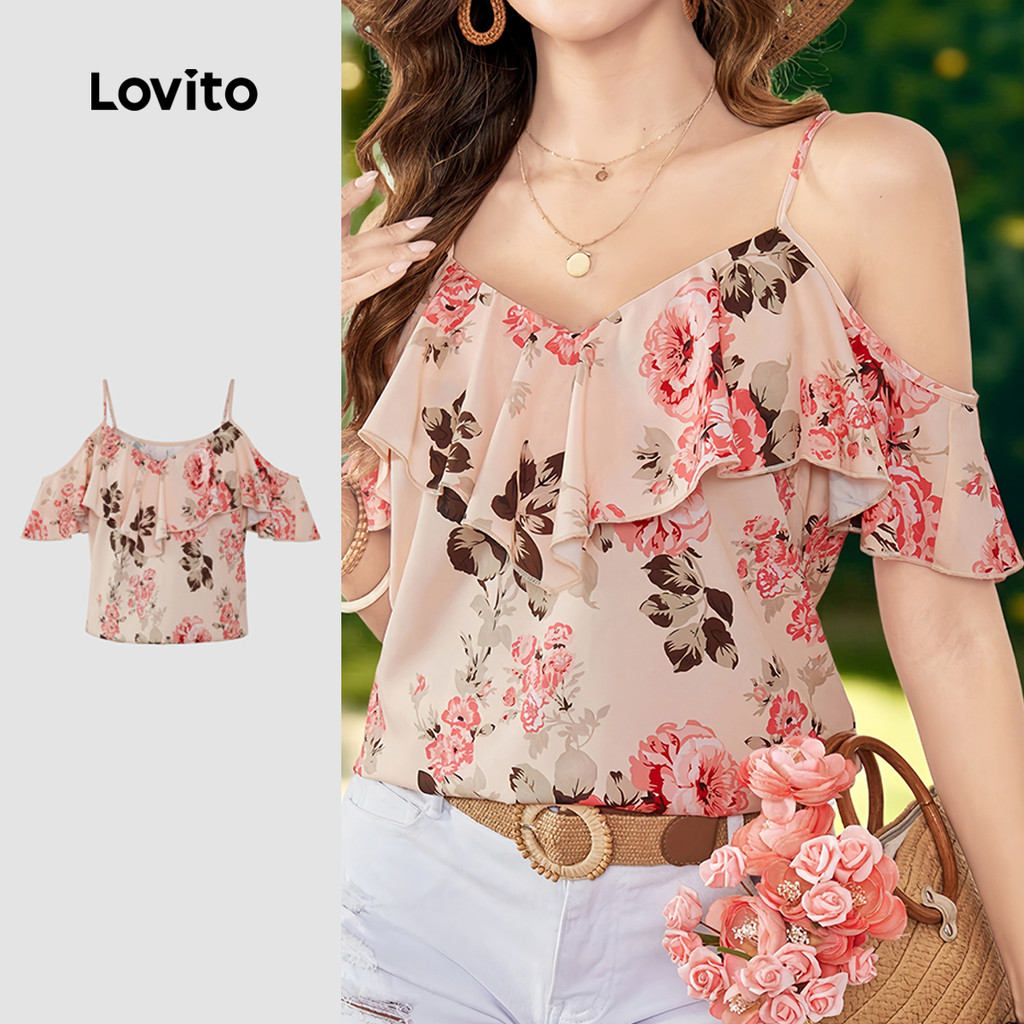 Lovito Floral Blusa Casual com Recorte de Flores Ombro Frio para Mulheres LK4AD050