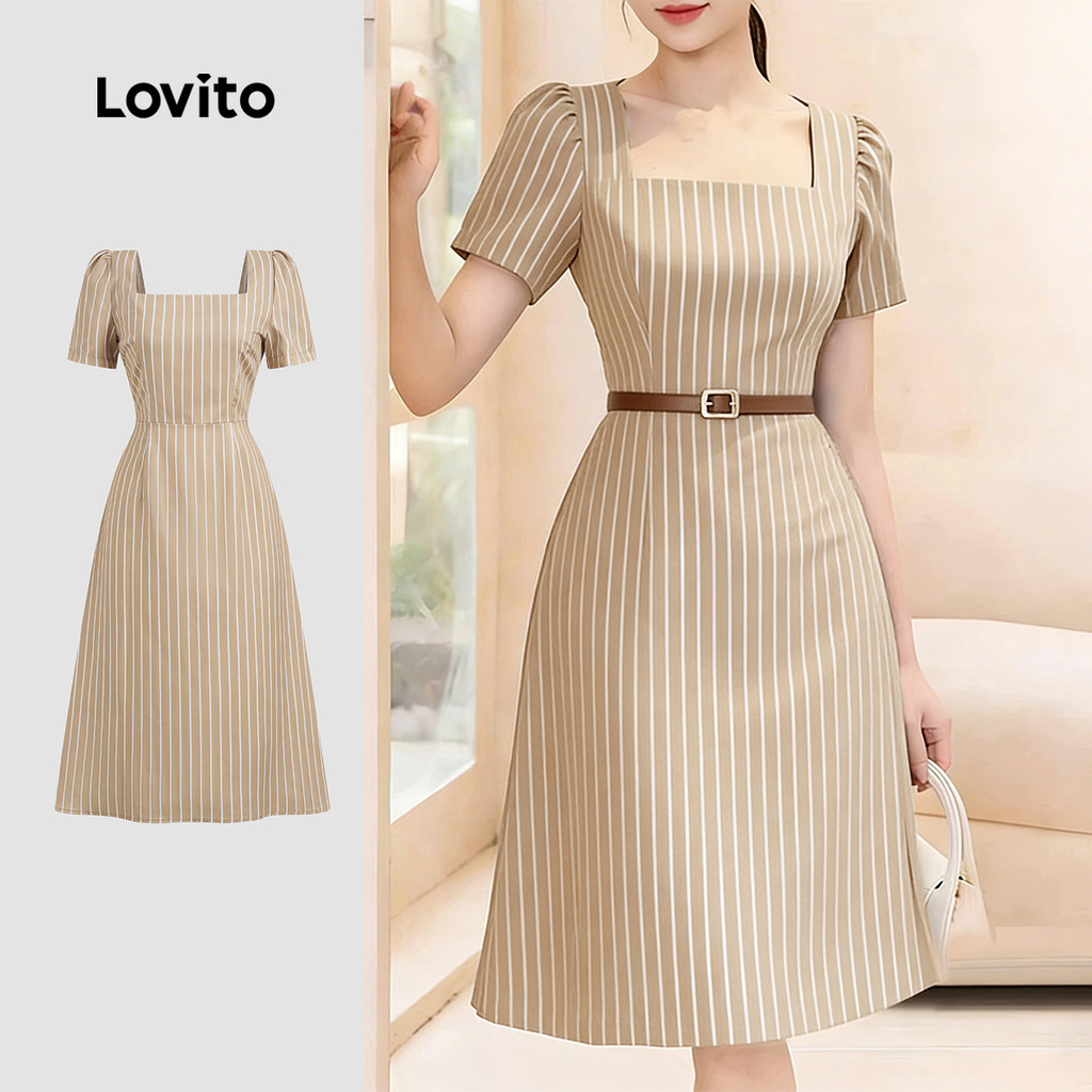 Lovito Listrada Vestido Elegante com Estrutura Linha Reta para O Trabalho Vestid