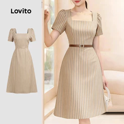 Lovito Listrada Vestido Elegante com Estrutura Linha Reta para O Trabalho Vestido Caqui para Mulheres primavera/verão LK6AD110