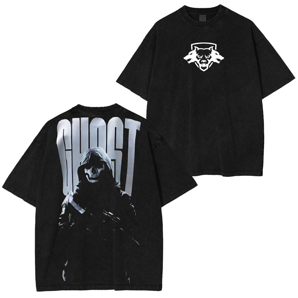 Camiseta Preta Unisex de Alta Qualidade, Design com Imagem de Fantasma e Letras "GHOST", Estilo de Moda Urbana e Arrojad