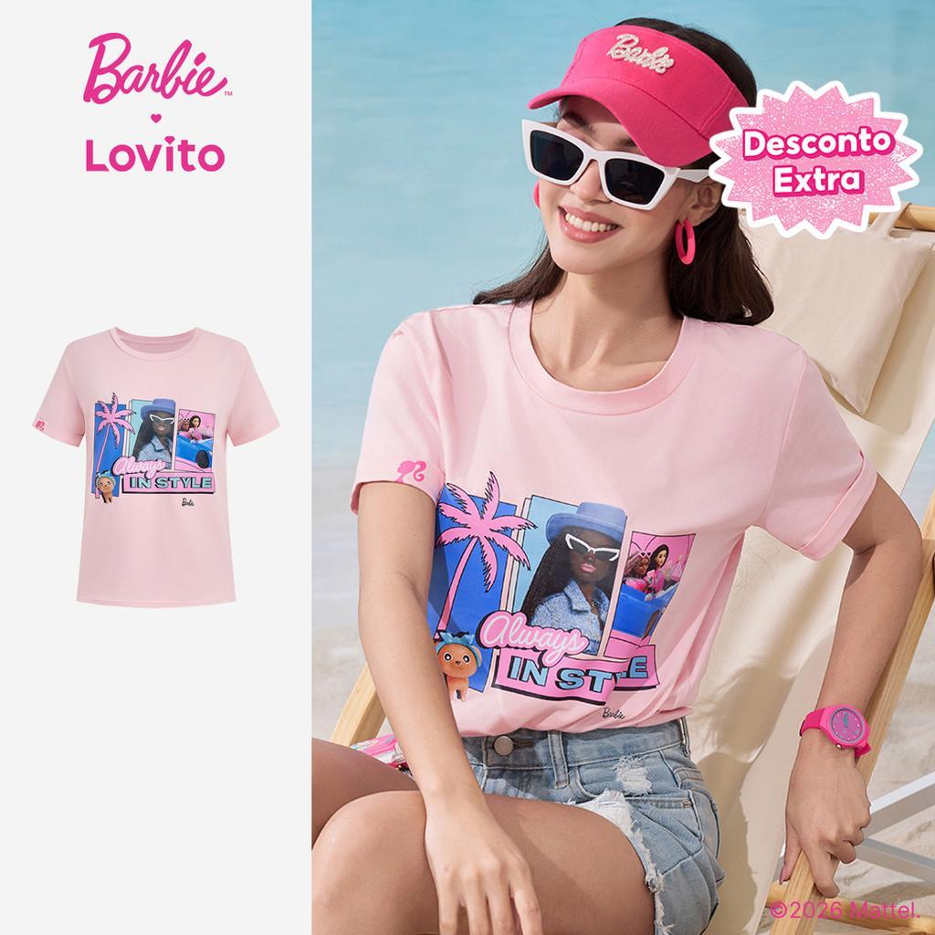 Barbie™ X Lovito Camiseta Casual Algodão Rosa Para Mulheres Ideal Para a Primavera/verão LB1AD003