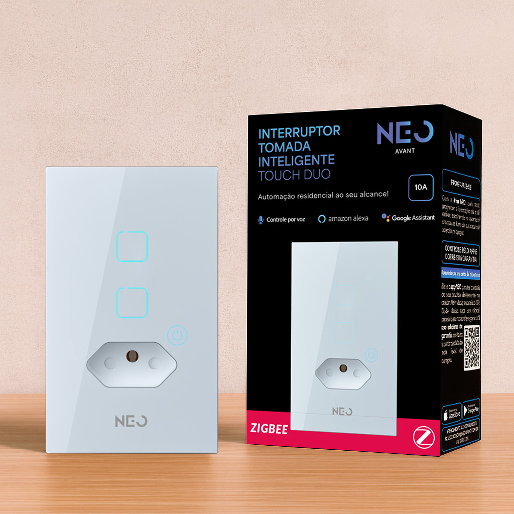 Imagem Interruptor com Tomada Smart Zigbee Alexa google 1 ou 2 Botões 4x2 Bivolt Preto ou Branco Neo Avant