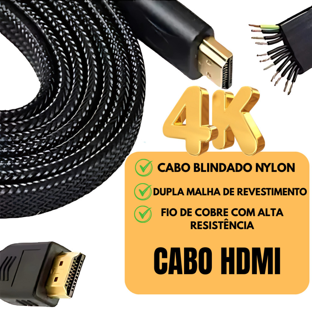 Cabo HDMI 4K Ultra HD Reforçado 2M 3M 5M 10M – Alta Velocidade com Nylon Premium