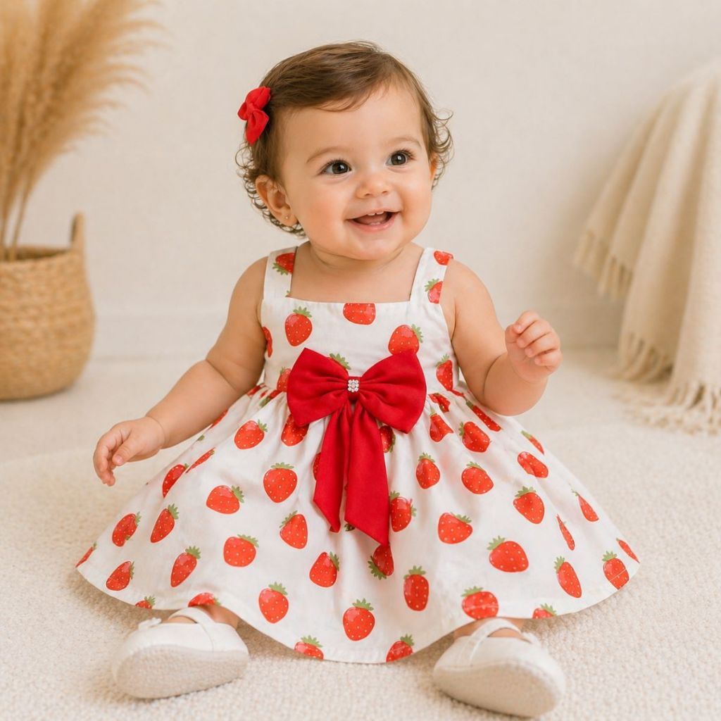 Vestido Infantil Bebê Menina Moranguinho P ao 3 Anos Vestido Temático Roupa Infantil 100% Algodão