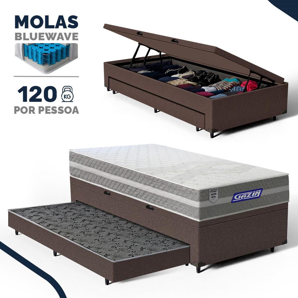 Cama Box Baú com Colchão Gazin de Molas Ensacadas One Face Air Up + Auxiliar de Espuma Solteiro 88cm
