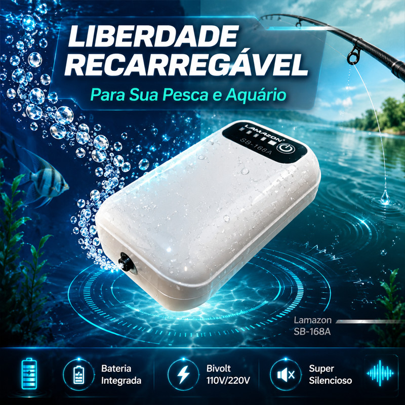 Oxigenador Aerador Lamazon Isca Viva Recarregável Bivolt SB-168A: Compressor de Ar para Pesca e Emergência Aquário