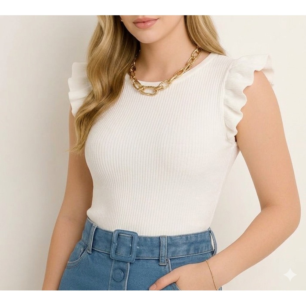 blusa feminina manga cavada babado canelada elasticidade perfeita tendência
