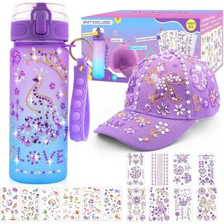 Presentes Pongime para Meninas de 4 a 12 Anos, Kit para Decorar Sua Própria Garrafa de Água e Boné de Beisebol para Adol
