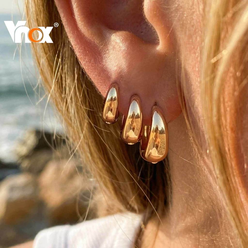 Conjunto De Brincos De Argola Polidos Banhados A Ouro Vnox Para Mulheres , Lisos De Alta Qualidade , Joias De Uso Diário