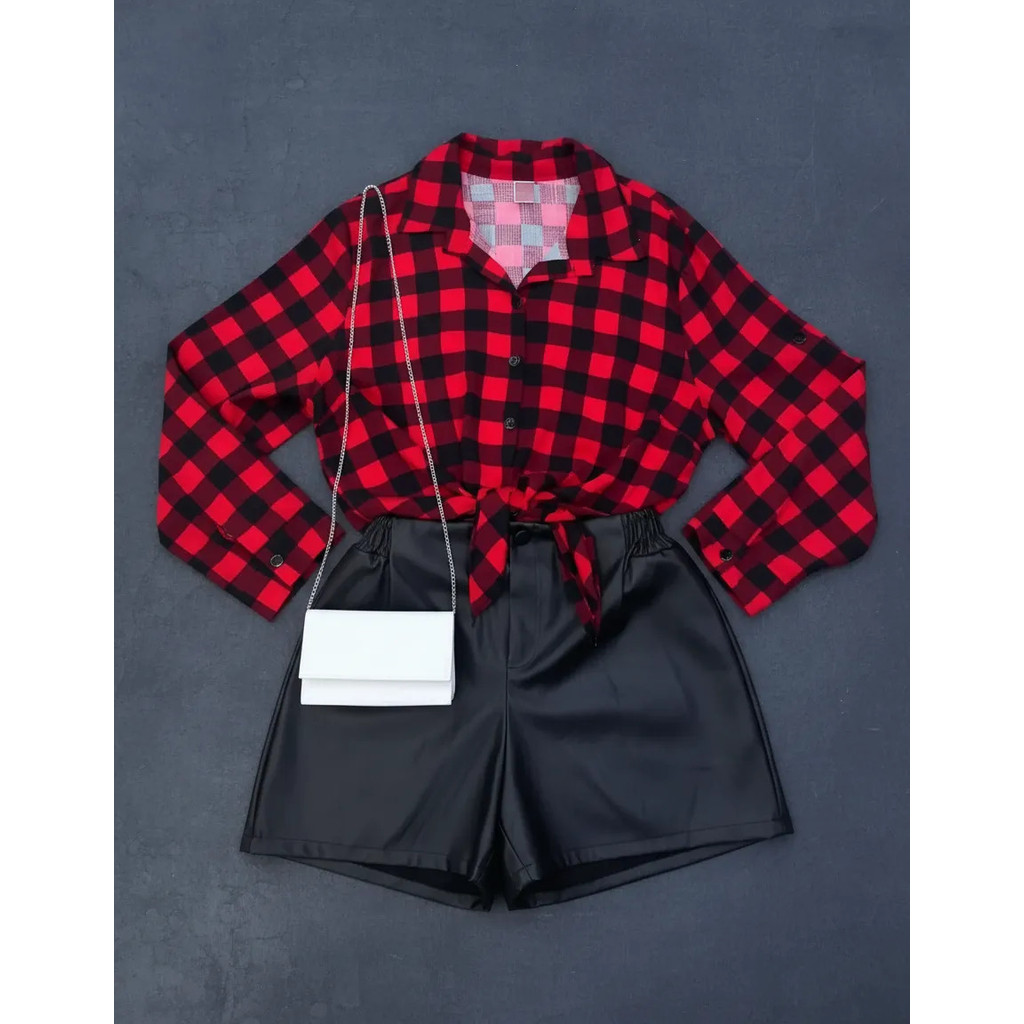 Conjunto Camisa Xadrez Viscose + Short Couro Plus Size