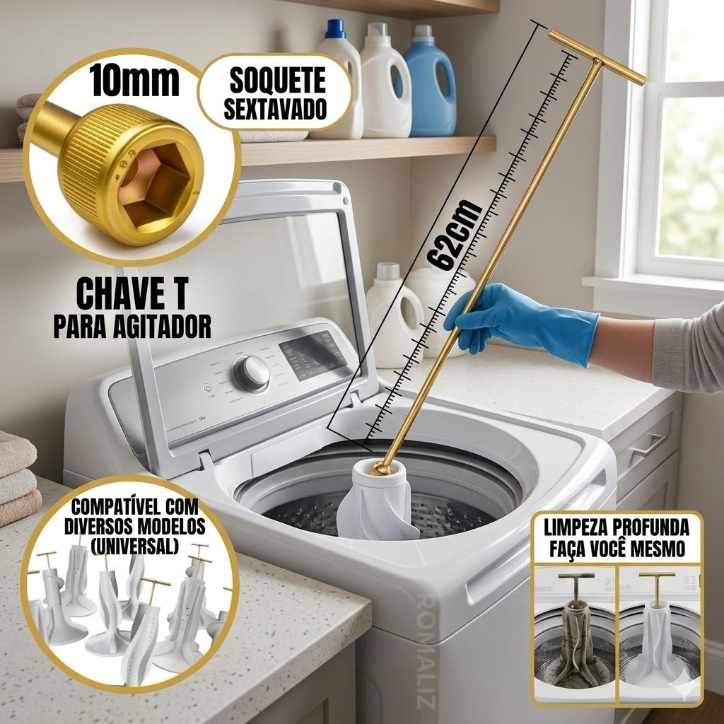 Chave T Longa 10mm + Pastilha para Abrir Agitador de Máquina de Lavar – Uso Universal