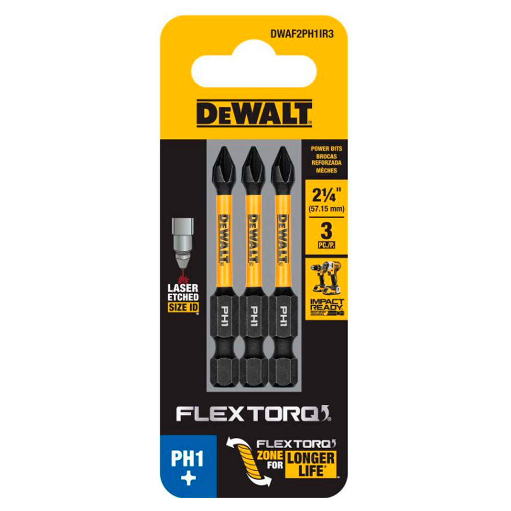 Kit com 3 Bits Phillips de Impacto PH1 x 50mm Flextorq DeWalt DWAF2PH1IR3