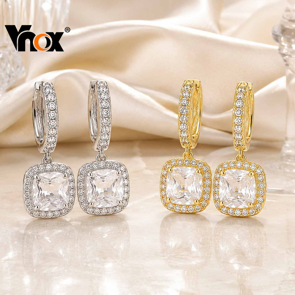Brincos Pendurados Quadrados De Zircônia Branca Completa Em Tom Dourado Vnox Para Mulheres, De Casamento Com Pingente B · foto 2