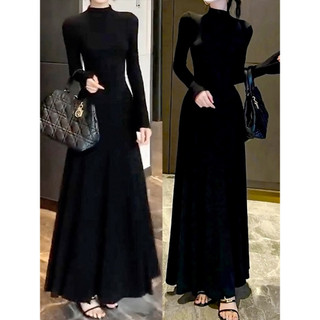 T elegante manga trompete vestido de manga comprida feminino outono inverno quente meia gola alta saia de chão alta estr