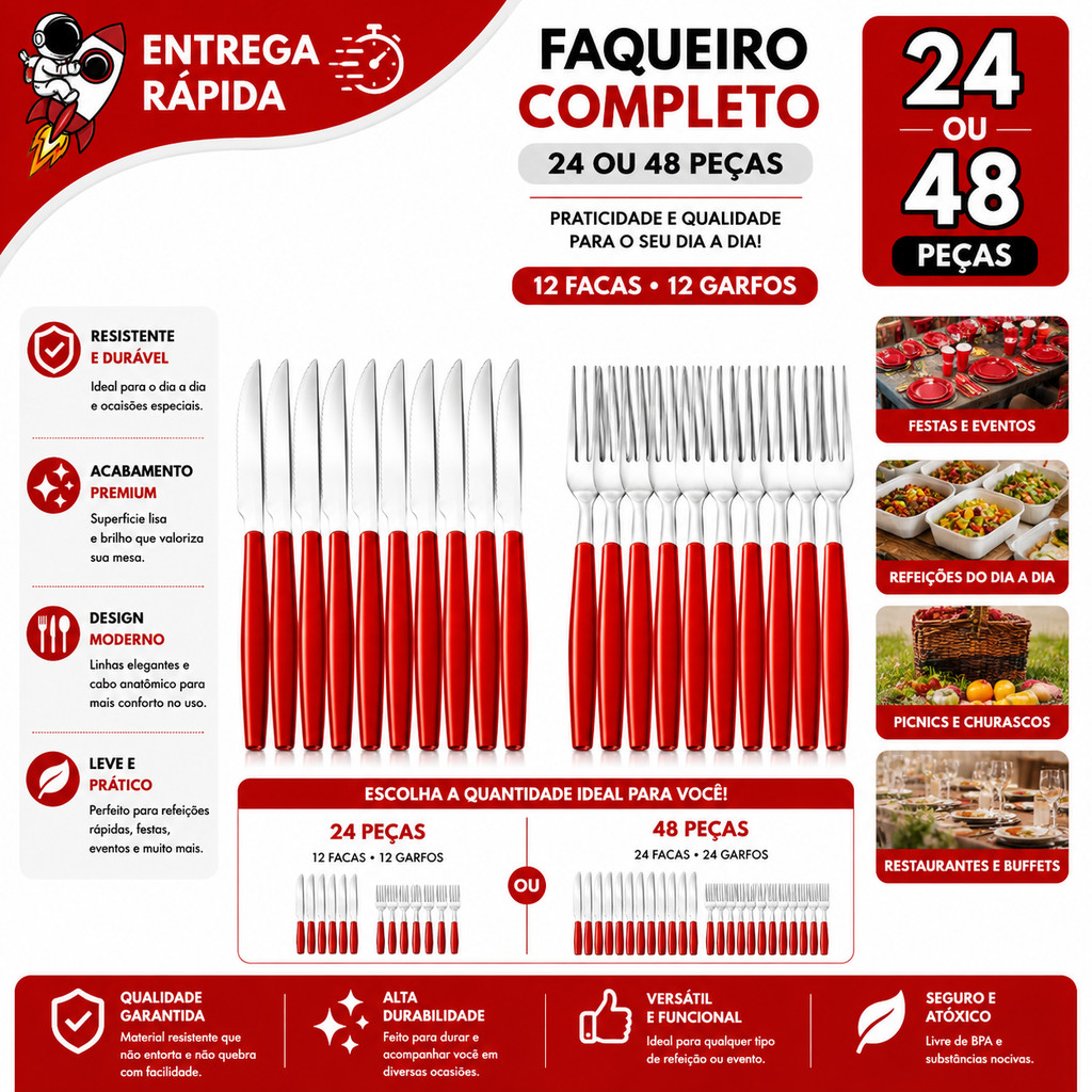 Faqueiro 48 Talheres Garfo e Faca Cabo Preto Vermelho